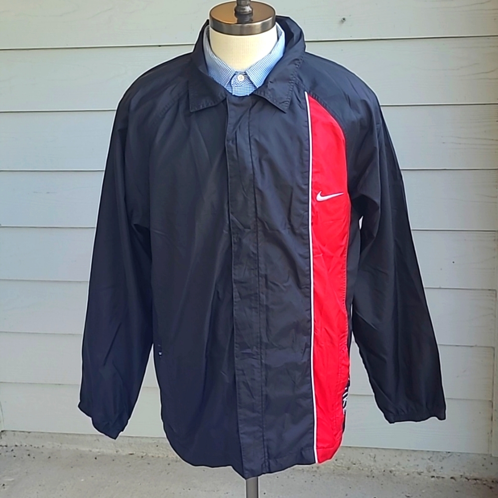 NIKE Black Red Nylon Polyester Medium Mens Full Zip Windbreaker Light Jacket VTG